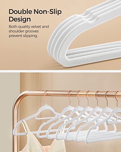 SONGMICS Velvet Hangers, Set of 50 Clothes Hanger with Rose Gold Swivel Hook, Non-Slip, and Space-Saving, 0.2-Inch Thick, 17.1-Inch Long for Coat, Shirt, Dress, Pants, Tie, White UCRF021W02