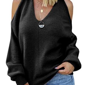 MaQiYa Women's Cold Shoulder Oversized Sweaters Batwing Long Sleeve V Neck Chunky Knit Fall Tunic Sweater Tops Z-Black