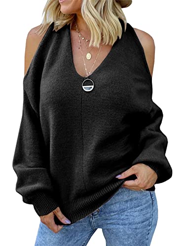 MaQiYa Women's Cold Shoulder Oversized Sweaters Batwing Long Sleeve V Neck Chunky Knit Fall Tunic Sweater Tops Z-Black