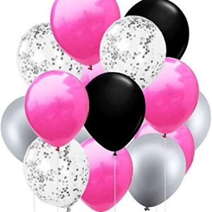 Kubert Silver Black and Pink Metallic Balloons and Clear Latex Pre-Filled with Silver Confetti 50Pack 12 Inch for Wedding Anniversary Bachelorette Bridal Shower Birthday and Graduation Party Supplies