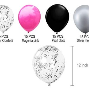 Kubert Silver Black and Pink Metallic Balloons and Clear Latex Pre-Filled with Silver Confetti 50Pack 12 Inch for Wedding Anniversary Bachelorette Bridal Shower Birthday and Graduation Party Supplies