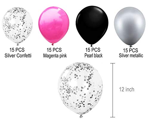 Kubert Silver Black and Pink Metallic Balloons and Clear Latex Pre-Filled with Silver Confetti 50Pack 12 Inch for Wedding Anniversary Bachelorette Bridal Shower Birthday and Graduation Party Supplies
