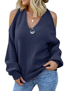 maqiya women's cold shoulder oversized sweaters batwing long sleeve v neck chunky knit fall tunic sweater tops