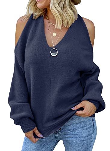 MaQiYa Women's Cold Shoulder Oversized Sweaters Batwing Long Sleeve V Neck Chunky Knit Fall Tunic Sweater Tops