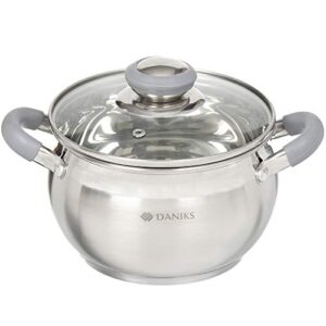 daniks modern stainless steel stock pot with glass lid| induction 2 quart | dishwasher safe pot | heatproof handles | soup pasta stew pot | silver