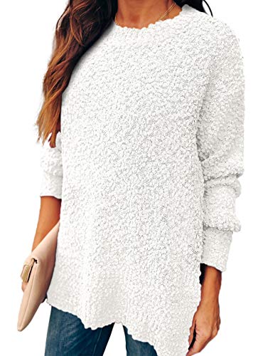 NIASHOT White Sweaters for Women Oversized Crewneck Sherpa Tunic Tops for Leggings L