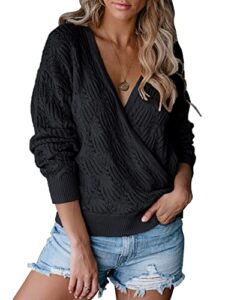 merokeety womens deep v neck wrap sweaters long sleeve crochet knit pullover tops, black, xx-large