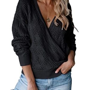 MEROKEETY Womens Deep V Neck Wrap Sweaters Long Sleeve Crochet Knit Pullover Tops, Black, XX-Large