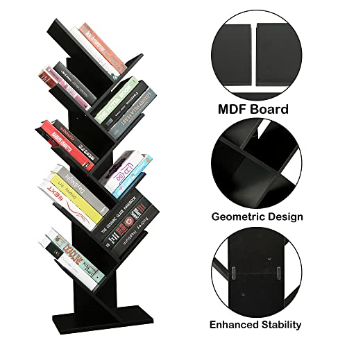 Function Home Tree Bookshelf, 9 Shelf Small Geometric Bookcase, Free Standing Book Shelves, Unique Wood Storage Rack for CDs/Books Utility Organizer Shelves for Living Room, Bedroom, Home Office,Black