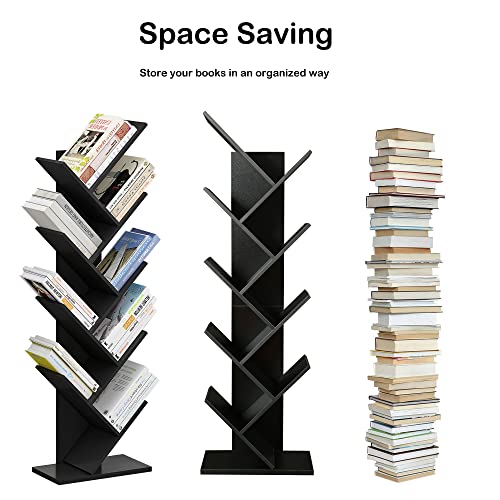 Function Home Tree Bookshelf, 9 Shelf Small Geometric Bookcase, Free Standing Book Shelves, Unique Wood Storage Rack for CDs/Books Utility Organizer Shelves for Living Room, Bedroom, Home Office,Black