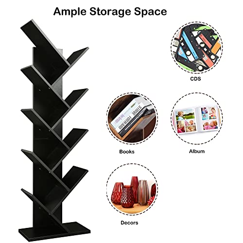 Function Home Tree Bookshelf, 9 Shelf Small Geometric Bookcase, Free Standing Book Shelves, Unique Wood Storage Rack for CDs/Books Utility Organizer Shelves for Living Room, Bedroom, Home Office,Black