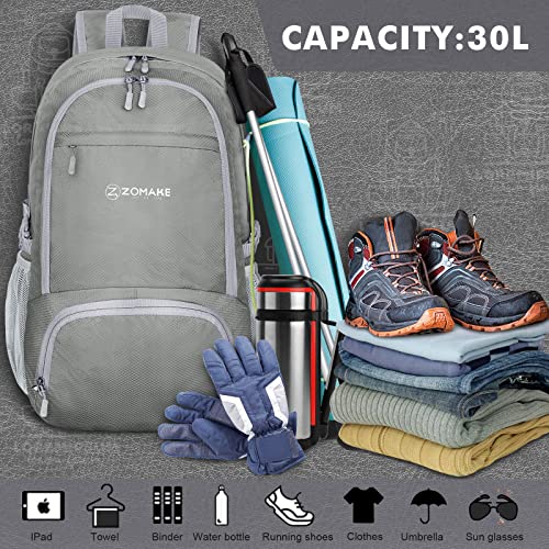 ZOMAKE Lightweight Packable Backpack 30L - Foldable Hiking Backpacks Water Resistant Compact Folding Daypack for Travel(Sliver Grey)