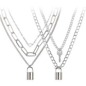 bvroski lock key pendants chains necklace set for eboy egirl men male emo goth women teen girls boys jewelry pack for pants punk play (heart lock +lock key （5 layer）)