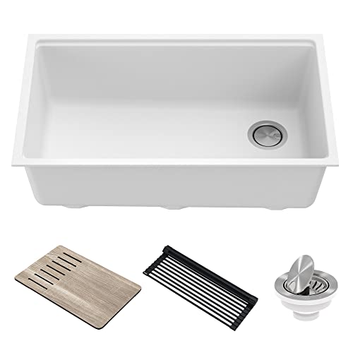 KRAUS Bellucci Workstation 32-inch Undermount Granite Composite Single Bowl Kitchen Sink in White with Accessories, KGUW1-33WH