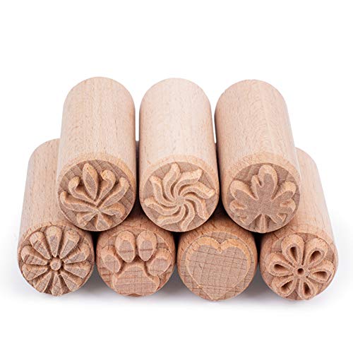 OLYCRAFT 7PCS 2x0.8 Inch Wood Pottery Tools Stamps Clay Stamps Column Wooden Stamps Natural Wood Stamps with Mixed Patterns Round Pottery Stamps Wooden Pottery Stamp for Clay and Ceramic