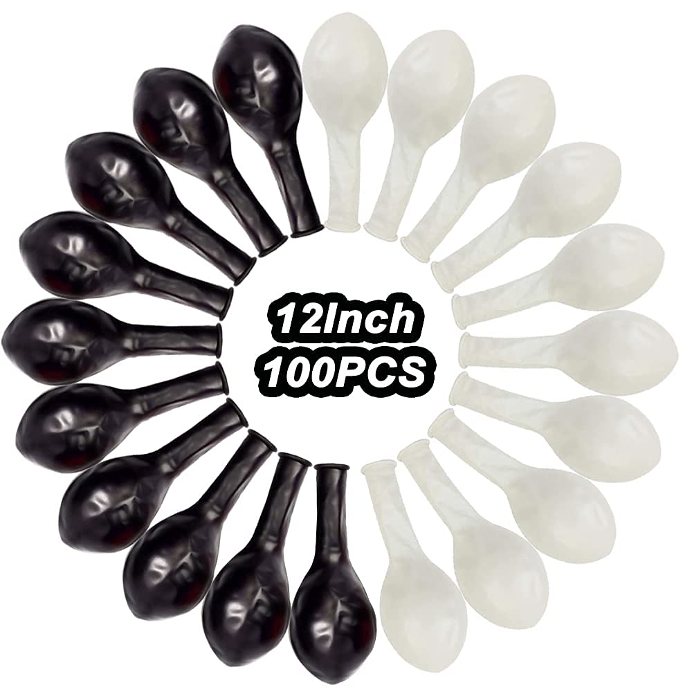 100pcs 12 Inch Balloons (Black and White Balloons), EUFARS Premium Thickened Latex Balloons for Black and White Party Decorations