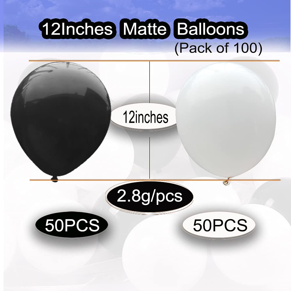 100pcs 12 Inch Balloons (Black and White Balloons), EUFARS Premium Thickened Latex Balloons for Black and White Party Decorations