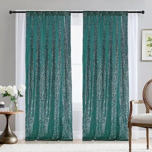 2×8ft-2pcs hunter green sequin backdrop curtains panels, christmas green photography backdrop glitter curtains fabric background for christmas wedding party decor