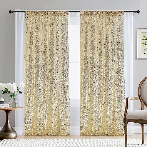 2×8FT-2PCS Champagne Gold Sequin Backdrop Curtains Panels, Photography Backdrop Glitter Curtains Fabric Background for Christmas Wedding Party Decor