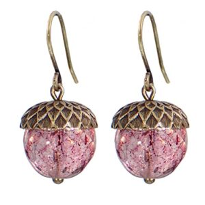czech glass acorn earrings with antiqued brass vintage style caps (translucent pink)
