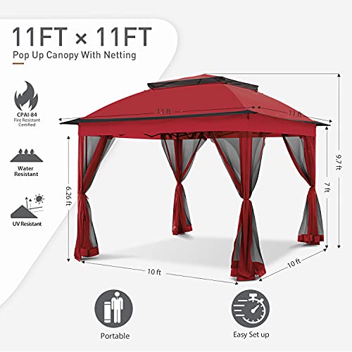 Cool Spot 11x11 Pop-Up Instant Gazebo Tent with Mosquito Netting Outdoor Canopy Shelter with 121 Square Feet of Shade by COOS BAY (Red)