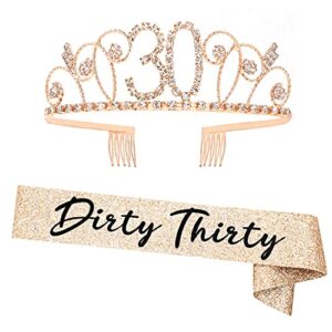 "dirty thirty" sash and rhinestone crown set - 30th birthday party gifts birthday sash for women birthday party supplies