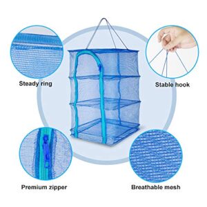 Ovovo 3 Layer Non-Toxic Nylon Netting Collapsible Drying Rack Folding Fish Mesh Hanging Dry Rack Net Food Dehydrator Carrying Bag-Blue (40x40cm/15.7X15.7inch)