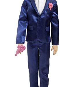 Barbie Ken Doll, Blonde Fairytale Groom with Satiny Blue Suit and 5 Accessories Including Bouquet and Wedding Cake