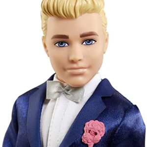 Barbie Ken Doll, Blonde Fairytale Groom with Satiny Blue Suit and 5 Accessories Including Bouquet and Wedding Cake