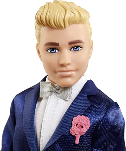 Barbie Ken Doll, Blonde Fairytale Groom with Satiny Blue Suit and 5 Accessories Including Bouquet and Wedding Cake