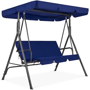 best choice products 2-person outdoor patio swing chair, hanging glider porch bench for garden, poolside, backyard w/convertible canopy, adjustable shade, removable cushions - blue
