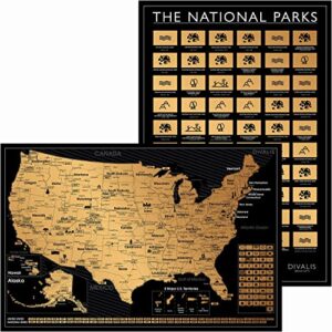 2 in 1 gift set - scratch off us map and 63 national parks poster - 24x16 easy to frame scratchable united states of america posters - globetrotters wall map - black and gold travel tracker