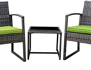 Pyramid Home Decor Black Wicker Furniture - 3 Piece Bistro Set for Outdoor Conversation - 2 Cushioned Rattan Chairs with Glass Coffee Table for Patio, Lawn, Porch, Lounge, Deck, Balcony & Living Room