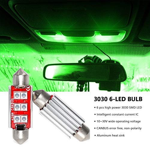 PHINLION Super Bright 212-2 LED Bulb 3030 6-SMD Festoon 41mm 42mm 211-2 578 Bulbs for Car Interior Map Dome Trunk Courtesy Light, Green (4 Pack)