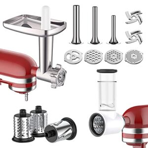 meat grinder & slicer shredder attachments for kitchenaid stand mixer, metal meat grinder with sausage stuffer tubesand and slicer shredder set, for kitchenaid mixer accessories by cofun