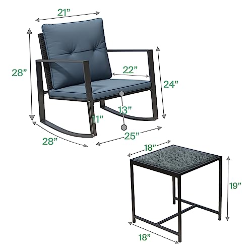 Pyramid Home Decor 3 Piece Rocking Bistro Set - Synthetic Wicker Outdoor Furniture - Glass Coffee Table with 2 Chairs for Balcony, Patio & Porch - Black Metal, Soft Cushions (Gray)