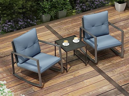 Pyramid Home Decor 3 Piece Rocking Bistro Set - Synthetic Wicker Outdoor Furniture - Glass Coffee Table with 2 Chairs for Balcony, Patio & Porch - Black Metal, Soft Cushions (Gray)