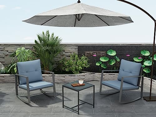 Pyramid Home Decor 3 Piece Rocking Bistro Set - Synthetic Wicker Outdoor Furniture - Glass Coffee Table with 2 Chairs for Balcony, Patio & Porch - Black Metal, Soft Cushions (Gray)