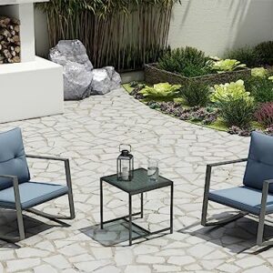 Pyramid Home Decor 3 Piece Rocking Bistro Set - Synthetic Wicker Outdoor Furniture - Glass Coffee Table with 2 Chairs for Balcony, Patio & Porch - Black Metal, Soft Cushions (Gray)