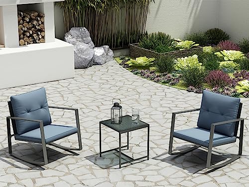 Pyramid Home Decor 3 Piece Rocking Bistro Set - Synthetic Wicker Outdoor Furniture - Glass Coffee Table with 2 Chairs for Balcony, Patio & Porch - Black Metal, Soft Cushions (Gray)