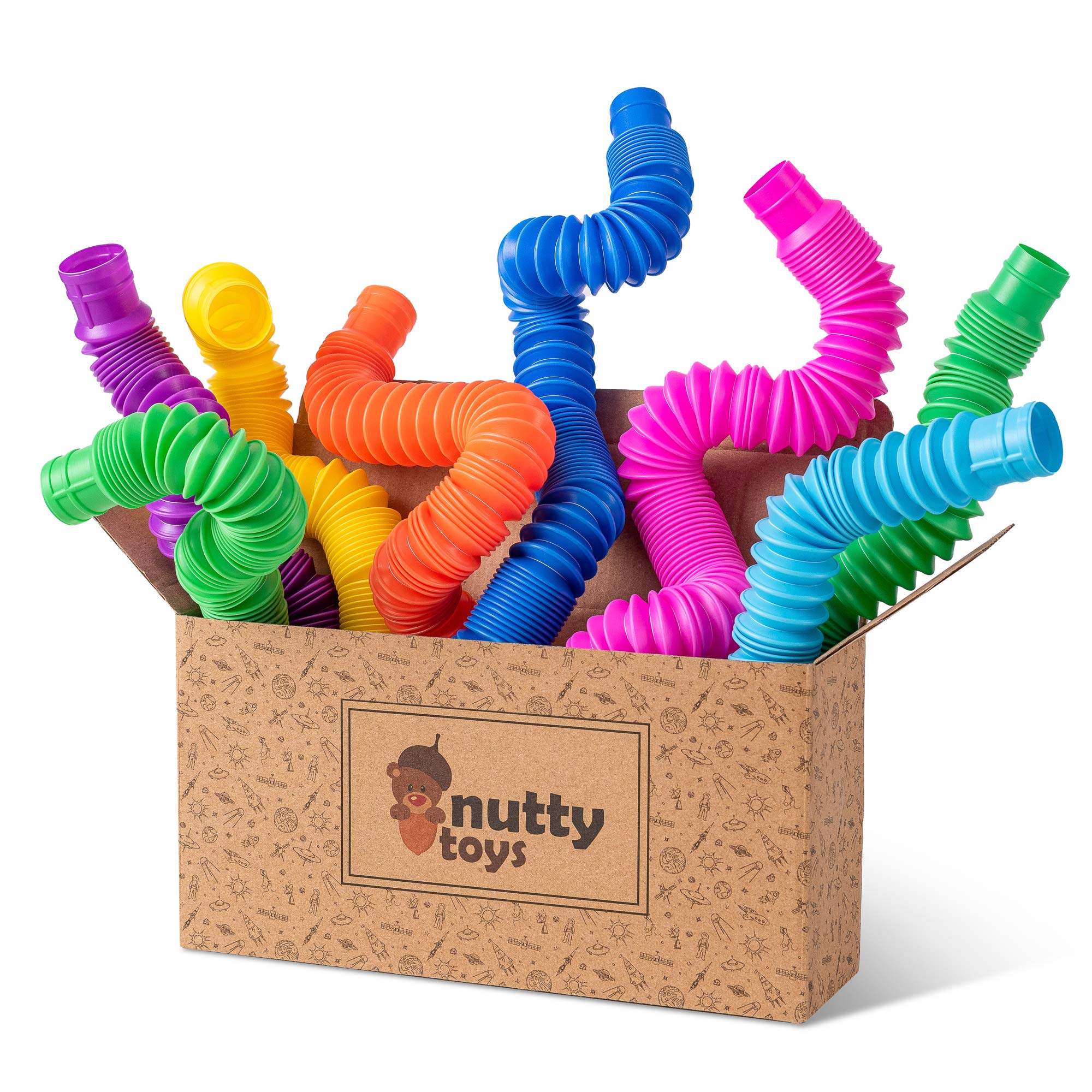 nutty toys 8pk Pop Tubes Sensory Toys (Large) Fine Motor Skills Learning Toddler Toy for Kids Top ADHD Autism Fidget 2023 Best Toddler Travel Toy Gifts Idea Unique Christmas Boy Girl Stocking Stuffers