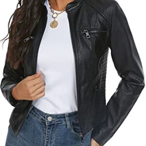 Fahsyee Women's Faux Leather Jacket, Moto Biker Antique-finished Slim Vegan Motorcycle Zipper Coat Outwear, Black, Size XXL