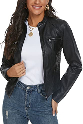 Fahsyee Women's Faux Leather Jacket, Moto Biker Antique-finished Slim Vegan Motorcycle Zipper Coat Outwear, Black, Size XXL