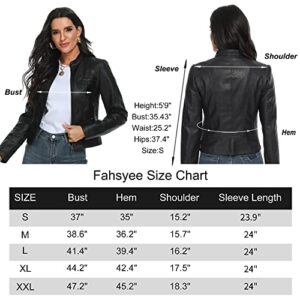 Fahsyee Women's Faux Leather Jacket, Moto Biker Antique-finished Slim Vegan Motorcycle Zipper Coat Outwear, Black, Size XXL