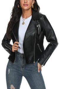 fahsyee women's leather jackets, faux motorcycle plus size moto biker coat short lightweight vegan pleather fashion, black, m