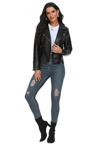 Fahsyee Women's Leather Jackets, Faux Motorcycle Plus Size Moto Biker Coat Short Lightweight Vegan Pleather Fashion, Black, M