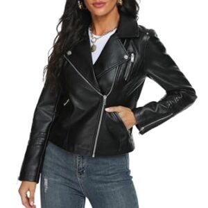 Fahsyee Women's Leather Jackets, Faux Motorcycle Plus Size Moto Biker Coat Short Lightweight Vegan Pleather Fashion, Black, M