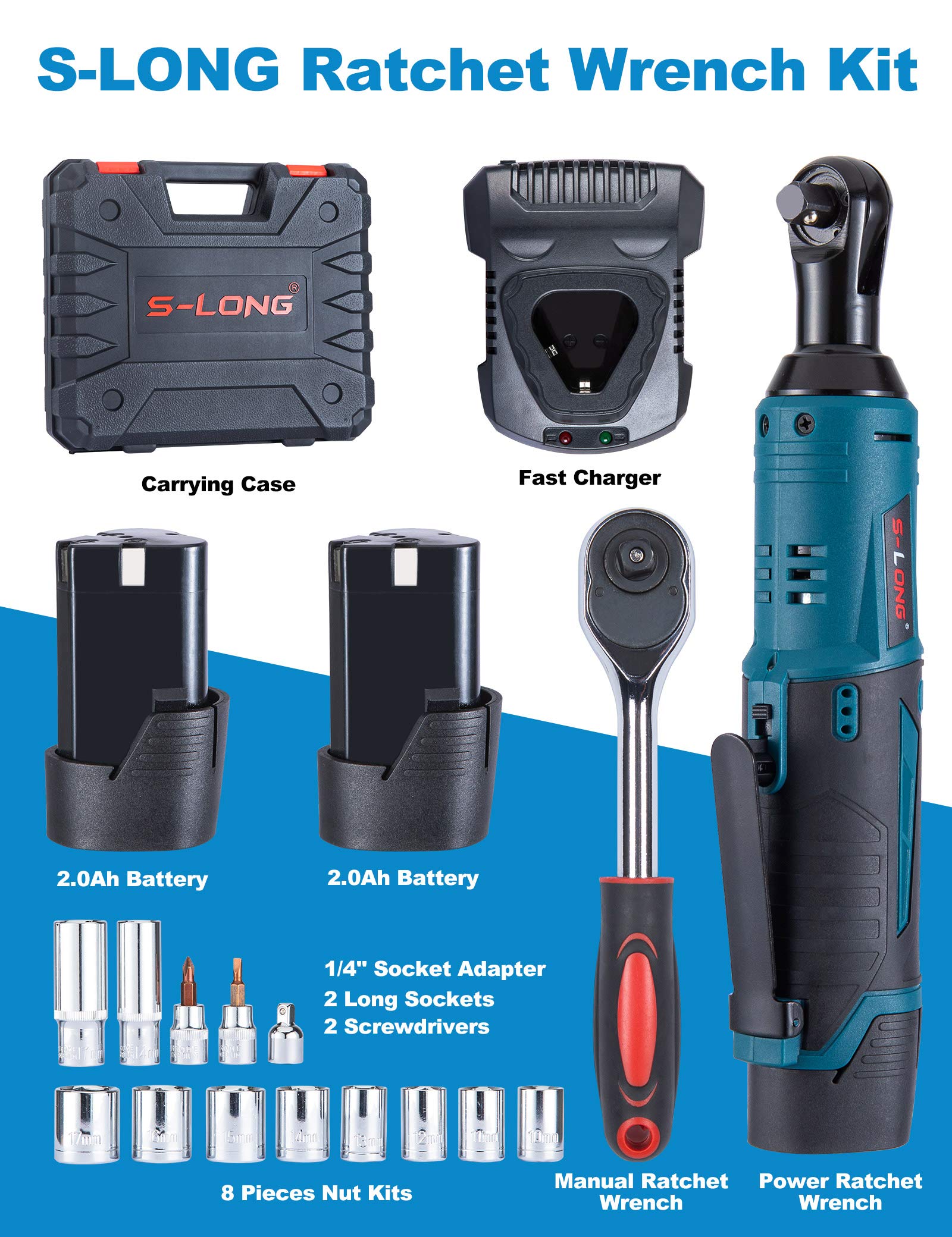 S-LONG Cordless Ratchet Wrench Set, 3/8" 400 RPM 12V Power Electric Ratchet Driver with 12 Sockets, Two 2000mAh Lithium-Ion Batteries and 60-Min Fast Charge