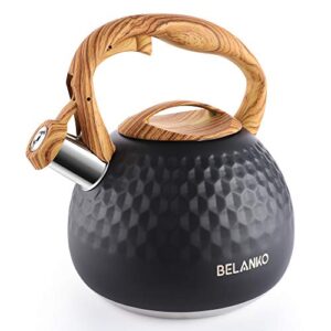 tea kettle, 2.7 quart / 3 liter belanko stainless steel tea kettles for stove top, food grade teapot with wood pattern handle loud whistling for coffee, milk etc, gas electric applicable - black