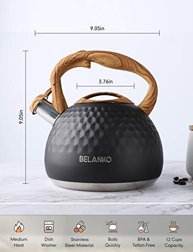 Tea Kettle, 2.7 Quart / 3 Liter BELANKO Stainless Steel Tea Kettles for Stove Top, Food Grade Teapot with Wood Pattern Handle Loud Whistling for Coffee, Milk etc, Gas Electric Applicable - Black